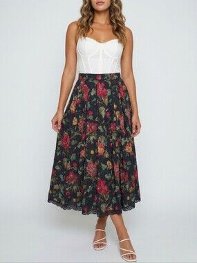 Vintage Floral Jacquard Pleated Midi Skirt Lace Hem Romantic Boho Cottage EU 42